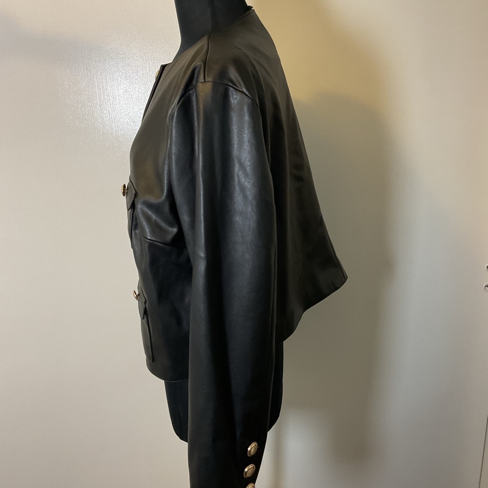 H&M Black Faux Leather Collarless Blazer Gold Button Jacket Size XL - Picture 8 of 9